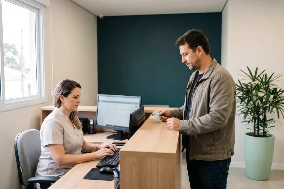 Recepção de clínica: a atendente marca a consulta no computador enquanto o paciente entrega a carteirinha do convênio