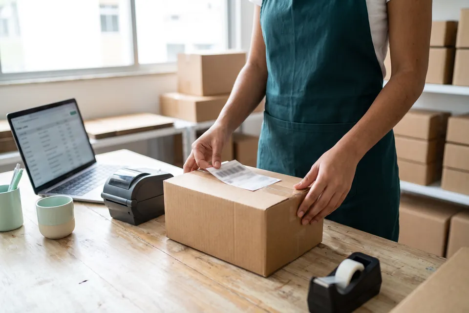 Mãos colando a etiqueta de envio numa caixa de pedido, ao lado da impressora de etiquetas e do notebook